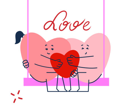A loving couple on a swing. Heart characters. Valentine s Day.のイラスト素材