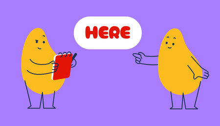 Abstract characters. Geometric comic creature emotions. Funny shapes pointing on Here. Vector illustrationのイラスト素材