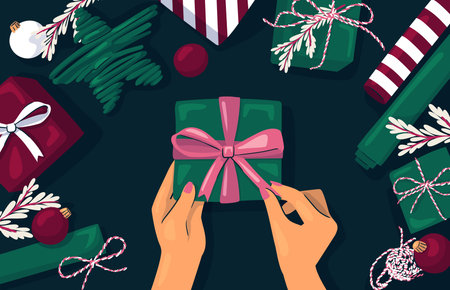 Merry Christmas, Happy New Year. Gift giving. Holiday season banner top view. Hands unpacking box, Decorative bow.のイラスト素材