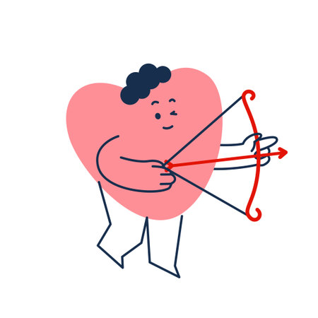 Retro groovy cartoon lovely heart mascot. Valentines Day cute character with bow and arrow.のイラスト素材