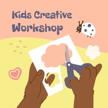 Cute little black kid cutting colored paper with scissors making cloud shape paper cut art craftのイラスト素材