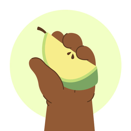 Black baby hand holding piece of apple. Vector illustration isolated on whiteのイラスト素材