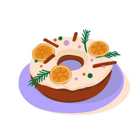Holiday dessert clipart. Lovely Christmas pudding with berries and orange in vector. Vector illustration on white background.のイラスト素材