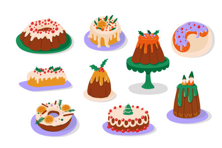 Cute Christmas Cake Set cozy holiday puddings and sweet festive desserts in vector.のイラスト素材