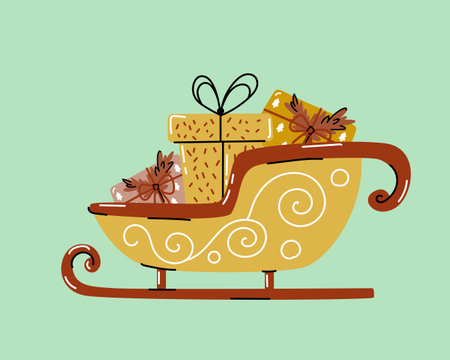 Vector illustration of Christmas sleigh filled with gift boxes and decorations. Festive winter design for postcards, invitations, or holiday prints.のイラスト素材