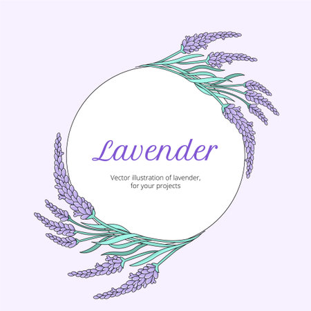 Lavender round floral frame with elegant hand-drawn flowers and leaves. Soft pastel botanical design for wedding invitations, cards and labels.のイラスト素材