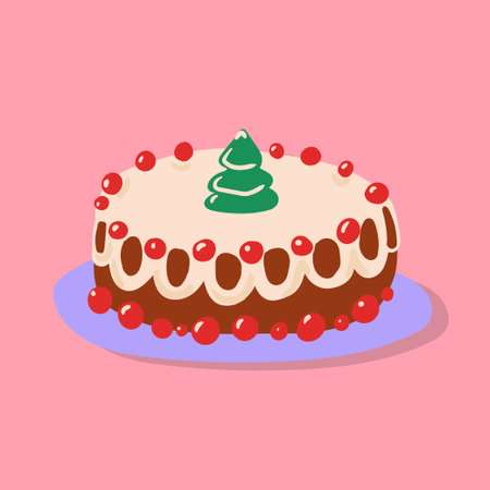 Christmas cake with a little Christmas tree on top. Festive winter dessert in vector.のイラスト素材