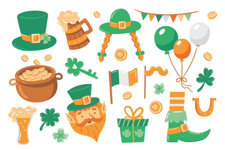 Colorful St. Patrick s Day vector set featuring leprechaun elements, shamrocks, gold coins, Irish flags, hats, beer, balloons, gifts, and festive decorations. A cheerful holiday illustration collection in bright green and orange tones.のイラスト素材