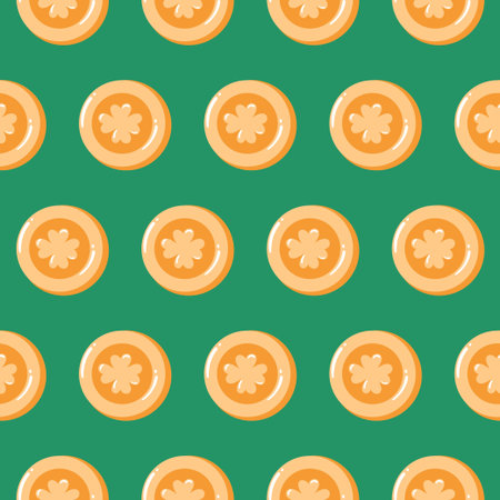 Golden coins embossed with shamrocks create a wealthy and lucky pattern. Ideal for festive wrapping paper or St Patricks Day backgrounds.のイラスト素材
