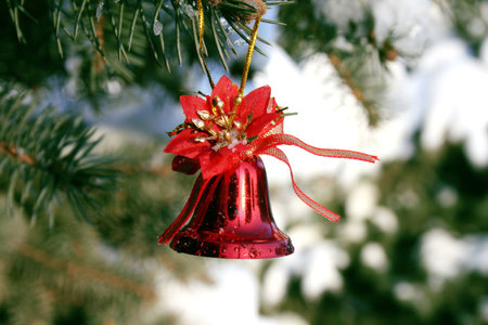 Red Christmas bell hangig on the branch of fir-treeの写真素材