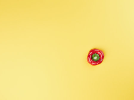 one isolated red pepper on a yellow background top viewの写真素材
