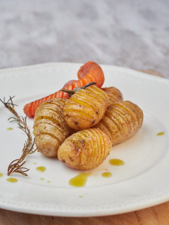 roasted potato and carrot hasselback in a white plate, close up view blurred background