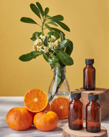 orange blossoms in a vase and fresh mandarins cut in half and next to small empty dark glass bottles. scent conceptの写真素材
