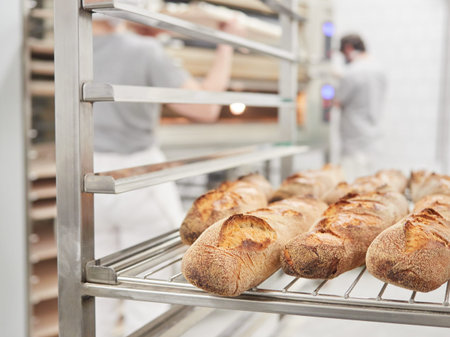 baguette of bread on a rack trolley, interior of a bakehouse, workers in the background out of focus