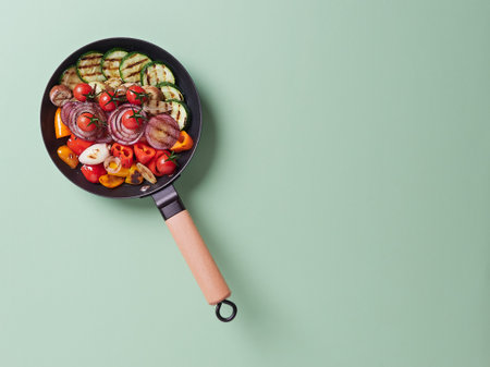 variety of vegetables grilled in a cast iron pan with a wooden handle. Zucchini, red onion; red, orange and yellow peppers, eggplant and cherry tomatoes. Isolated, view from above in a green background with copy space.の写真素材