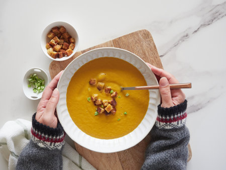 Wintertime comfort food concept: hands in wool sweater sleeves over a bowl of hot pumpkin vegetable soup with bread croutons and garnish of spring onions on a wooden board and marble countertop. top view.の写真素材