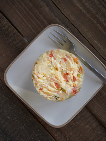 Typical spanish tapa called Russian salad or ensaladilla rusa. Potato salad with tuna and mayonnaise. top view.の写真素材