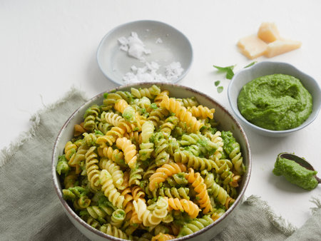close up view of bowl with colored fusilli pasta and pesto sauce. In the background out of focus parmesan cheese and basil leaves.の写真素材