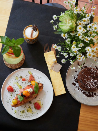 Top view of a delicious healthy breakfast for one person at a restaurant table.の写真素材