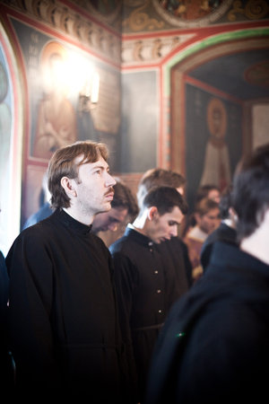 MOSCOW - MARCH 14: Orthodox liturgy with bishop Mercury in High Monastery of St Peter in Moscow on...