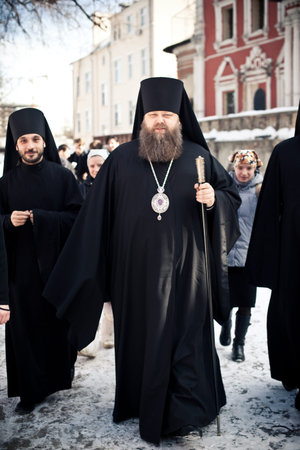 MOSCOW - MARCH 14: Orthodox liturgy with bishop Mercury in High Monastery of St Peter in Moscow on...