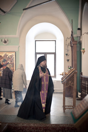 MOSCOW - MARCH 13: Orthodox liturgy with bishop Mercury in High Monastery of St Peter in Moscow on...