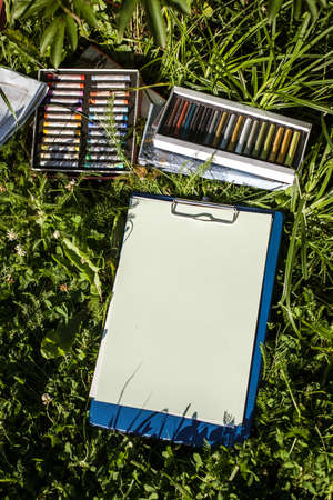 Crayons on the grassの写真素材