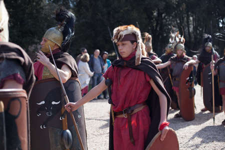 ROME - APRIL 22: Participants of  historic-dress procession prepare for performance at the cultural week on April 14-22, 2012 in Romeのeditorial素材
