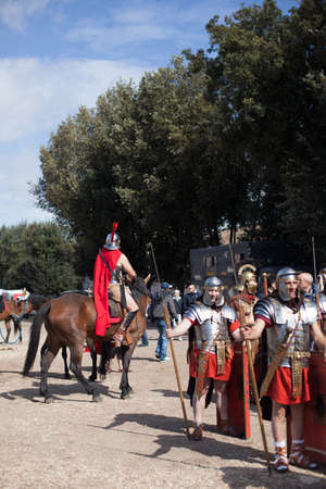 ROME - APRIL 22: Participants of  historic-dress procession prepare for performance at the cultural week on April 14-22, 2012 in Romeのeditorial素材
