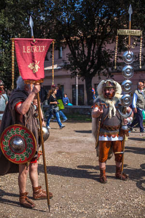 ROME - APRIL 22: Participants of  historic-dress procession prepare for performance at the cultural week on April 14-22, 2012 in Romeのeditorial素材