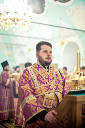 MOSCOW - MARCH 13: Orthodox liturgy with bishop Mercury in High Monastery of St Peter in Moscow on...