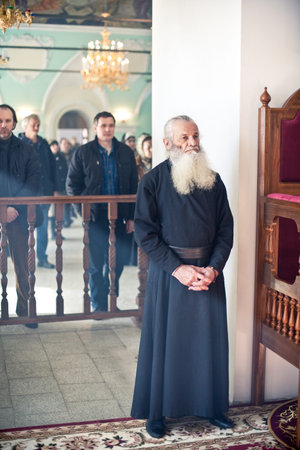 MOSCOW - MARCH 14: Orthodox liturgy with bishop Mercury in High Monastery of St Peter in Moscow on...