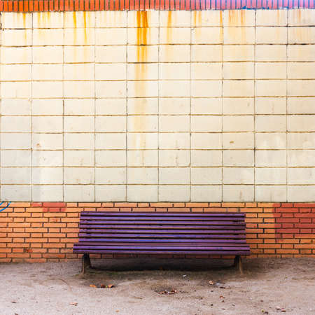 Purple bench near the wall in Barcelona, Spainの写真素材