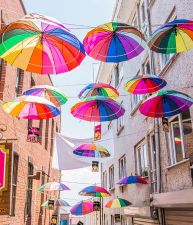 ISTANBUL, TURKEY - JUNE 20: Umbrellas near street cafe on June 20, 2015 in Istanbul, Turkeyのeditorial素材