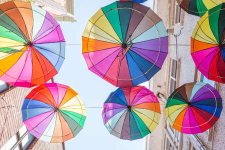 ISTANBUL, TURKEY - JUNE 20: Umbrellas near street cafe on June 20, 2015 in Istanbul, Turkeyのeditorial素材