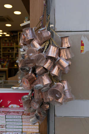 ISTANBUL, TURKEY - JUNE 20: Vintage copper coffee utensils in market in Istanbul on June 20, 2015 in Istanbul, Turkeyのeditorial素材
