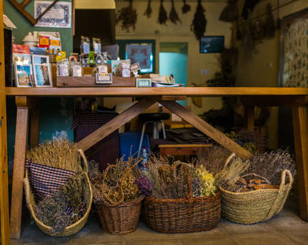 Showcases village shop with herbsの写真素材