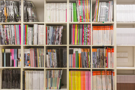 BARCELONA, SPAIN - OCTOBER 7, 2015: Bookshelves with variety of different colorful books and...