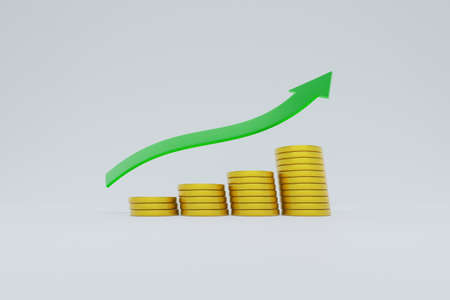 3d render money coins stacks and green arrow up on white background. 3d render for finace, growing business concept, 3d coins investment money earning.の写真素材