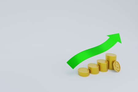 3d render money coins stacks and green arrow up on white background. 3d render for finace, growing business concept, 3d coins investment money earning.の写真素材