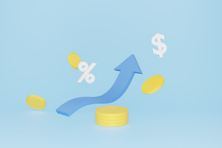 Financial concept, money coins stacks and blue arrow up pastel color on pastel sky blue background, business profit concept, growing business concept, 3d coins investment money earning, 3d rendering, 3d illustrationの写真素材