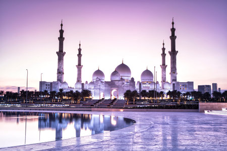 Sheikh Zayed Grand Mosque in Abu Dhabi from wahat al karama with sunset