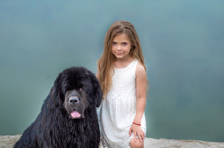 portrait of a little girl and a dogの写真素材