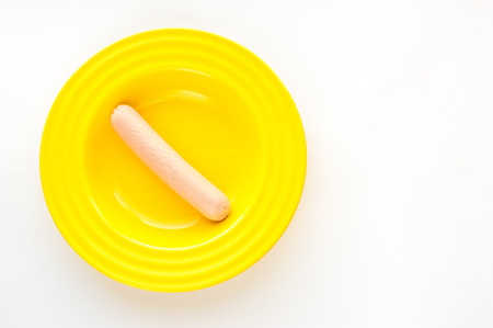One sausage in a plate. Concept diet and weight lossの写真素材