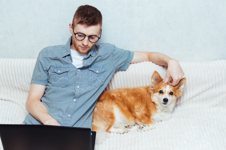 Young guy works remotely from his home. A dog sits next to him on the bed. Concept work from home.の写真素材
