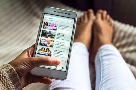 Minsk, Belarus - October 29, 2018: Youtube video service on smartphone screen close-up. Youtube service menuのeditorial素材