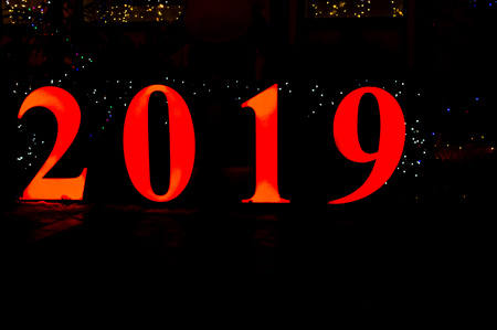 Happy New Year 2019. Symbol from number 2019 on wooden background.の写真素材