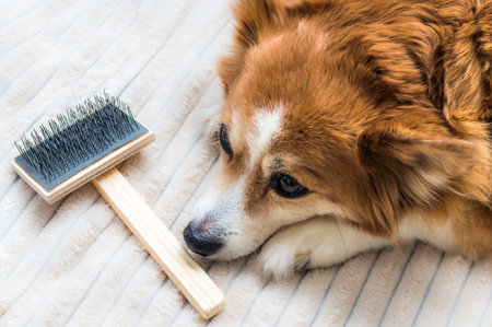 sad dog lies near a brush for combing wool. Molting in a dogの写真素材