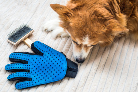 sad dog lies near a brush and gloves. Molting in a dogの写真素材