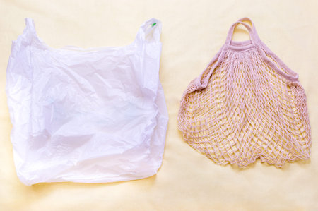 Cellophane bag and eco bag. Environmental pollution concept. rejection of plastic concept